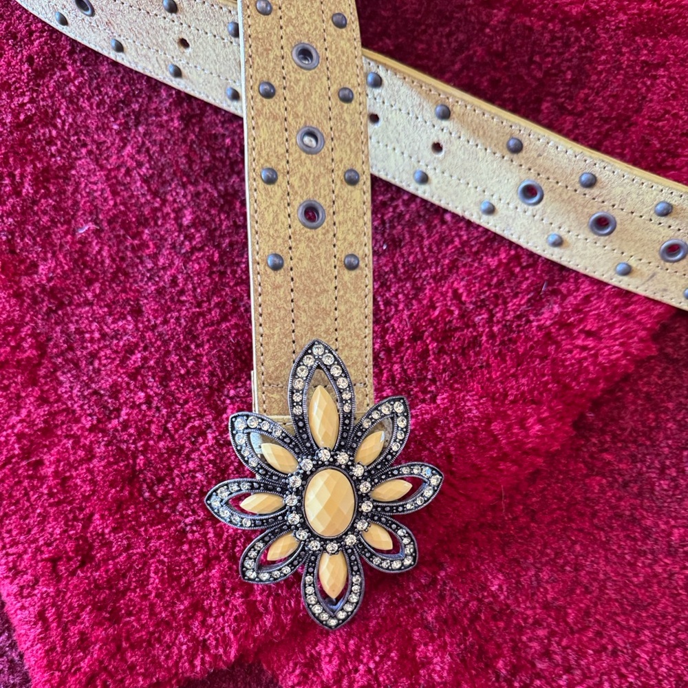 Yellow Studded Leather Belt with Vintage Floral Rhinestone Buckle
